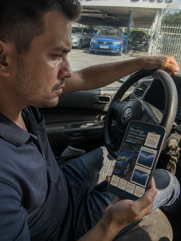 Comprador conferindo as folgas entre capô e paralama com a ficha aberta no celular