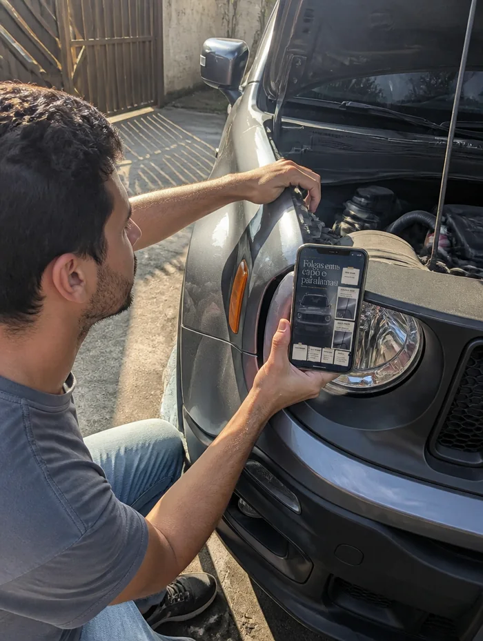 Comprador com a ficha do para-choque aberta no celular, dentro do carro